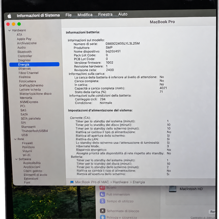 MacBook Pro A2159 2019 batteria 294 cicli condizione Normale